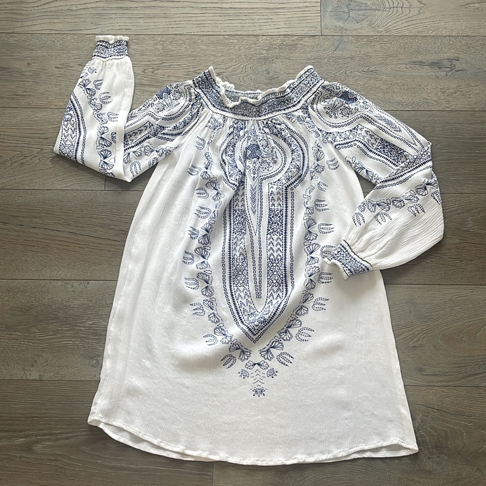 NWOT ALLOY Apparel Off the Shoulder WhiteBlue Print Gauze Mini Dress/Cover-Up- S